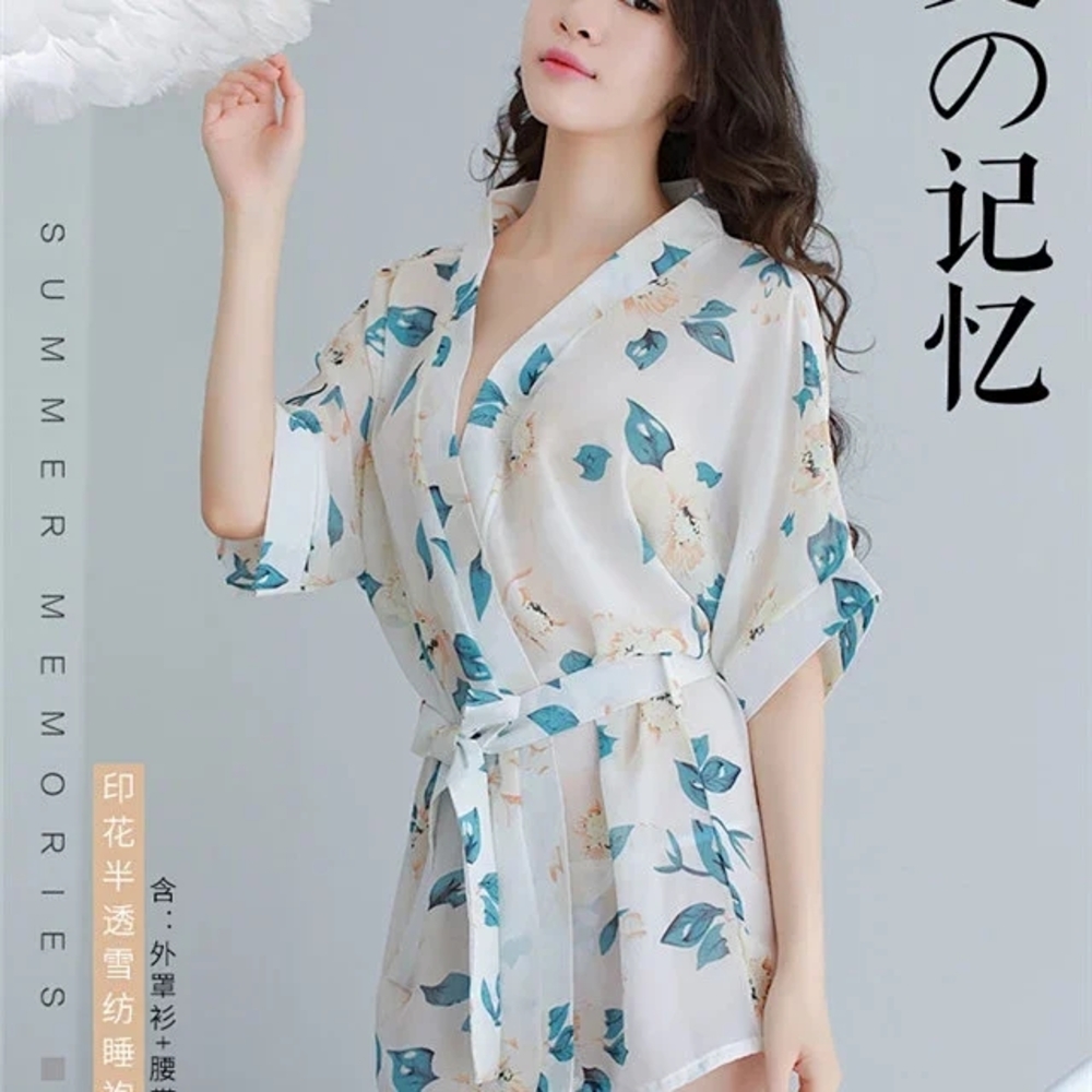 White and Blue Floral Wrap Robe with Elbow-Length Sleeves